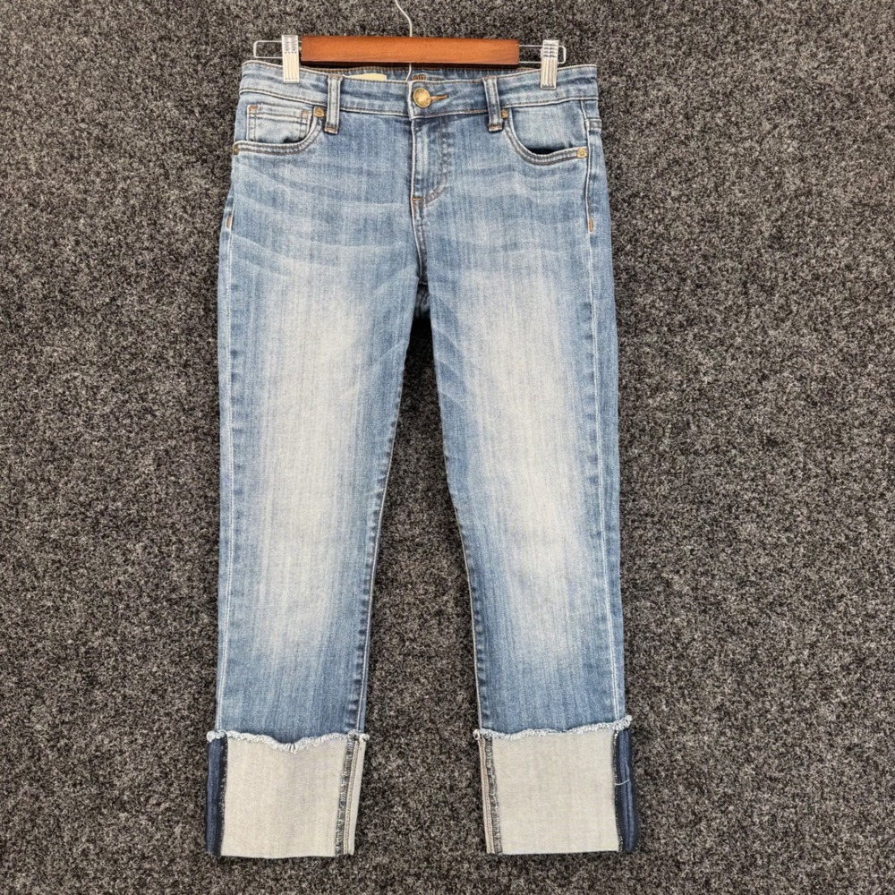 Kut from the Kloth Cameron Straight Leg Jeans Cuffed Raw Hem Blue Denim Womens 2